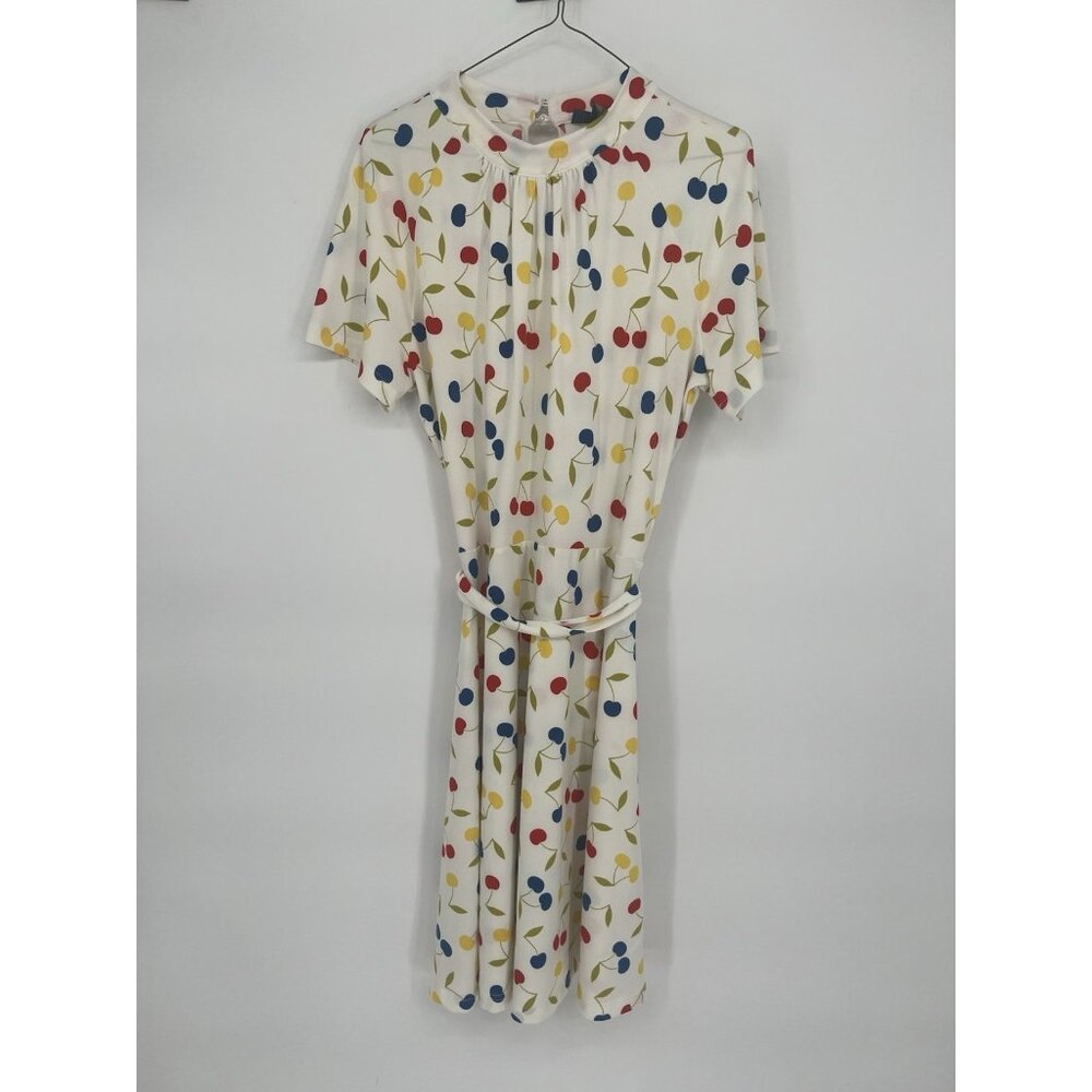 ModCloth Cherry Retro‎ Swing Midi Dress Size Large Colorful Belted Stretch